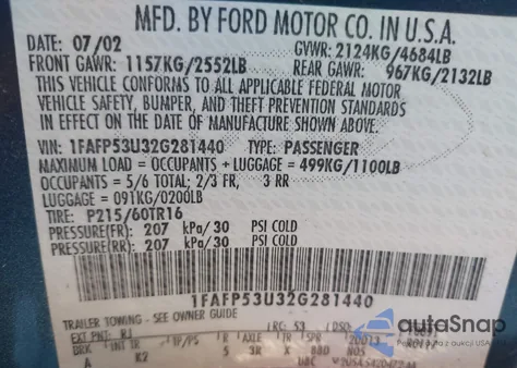 2002 Ford Taurus Se from USA, damaged, VIN 1FAFP53U32G281440